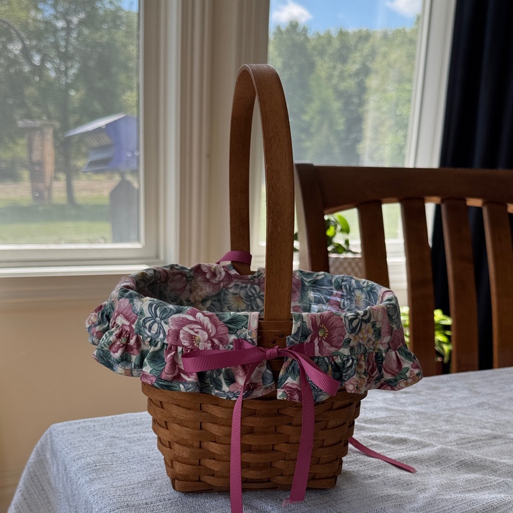 Longaberger Woven Basket with Pink Accents, plastic insert intact.